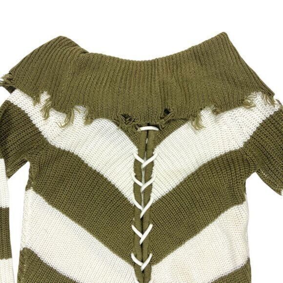 Derek Heart Sweater S Olive Green White Striped Distressed Frayed Pullover New - Picture 6 of 16